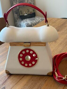 Retro Rotary Telephone Novelty Handbag Crossbody Purse White Red Gold ☎️
